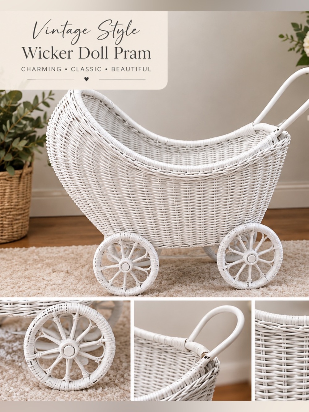 Handcrafted White Wicker Doll Pram by - Picture 2 of 6